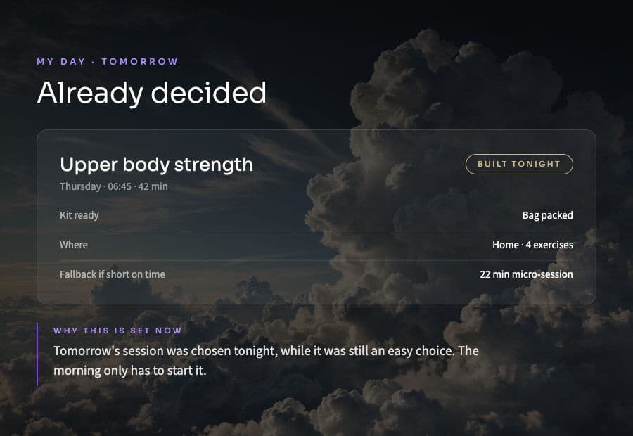 The px My Day screen with tomorrow's training plan already decided.